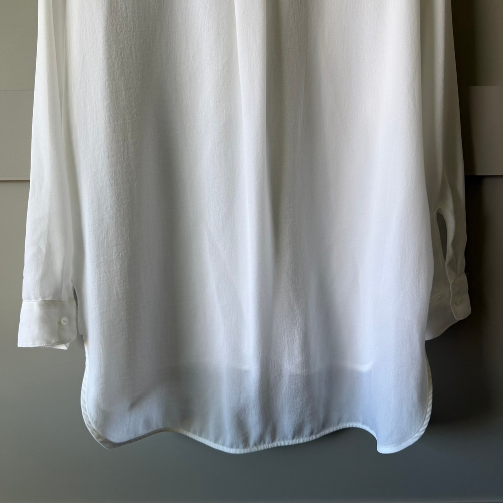 H&M Band Collar Tunic Women Size 12 White Relaxed High Low Button Front Blouse - Picture 8 of 13